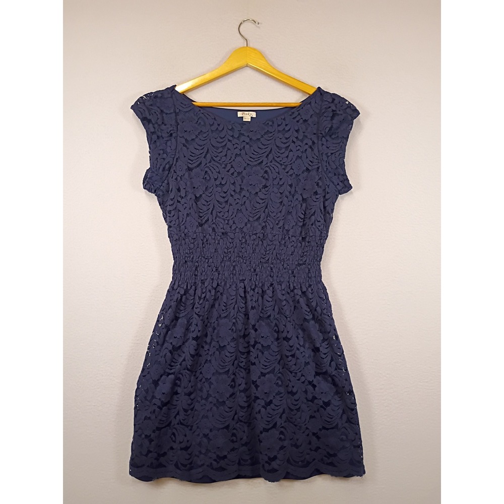 Romantic Pinky Women Large Navy Blue Floral Lace Smocked Waist Cap Sleeve Dress